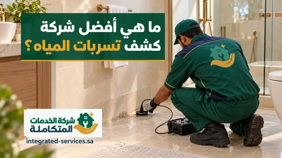 أفضل شركة كشف تسربات المياه وفني بملابس خضراء يفحص أرضية حمام بجهاز كشف