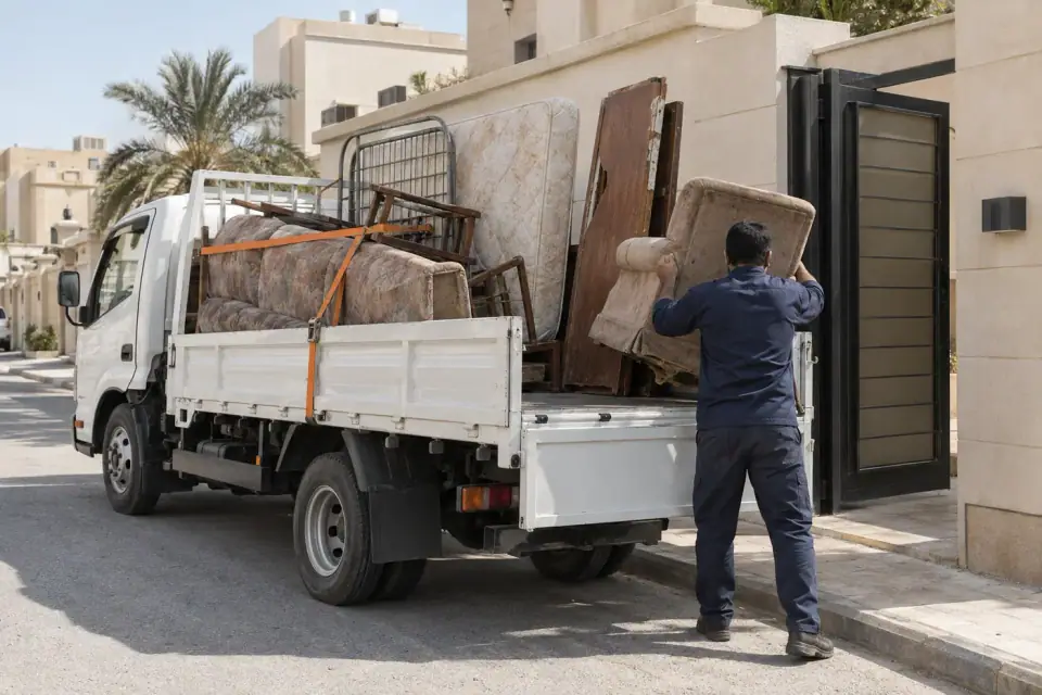 التخلص من الأثاث القديم بدينا محملة بقطع قديمة أمام بيت في حي سكني