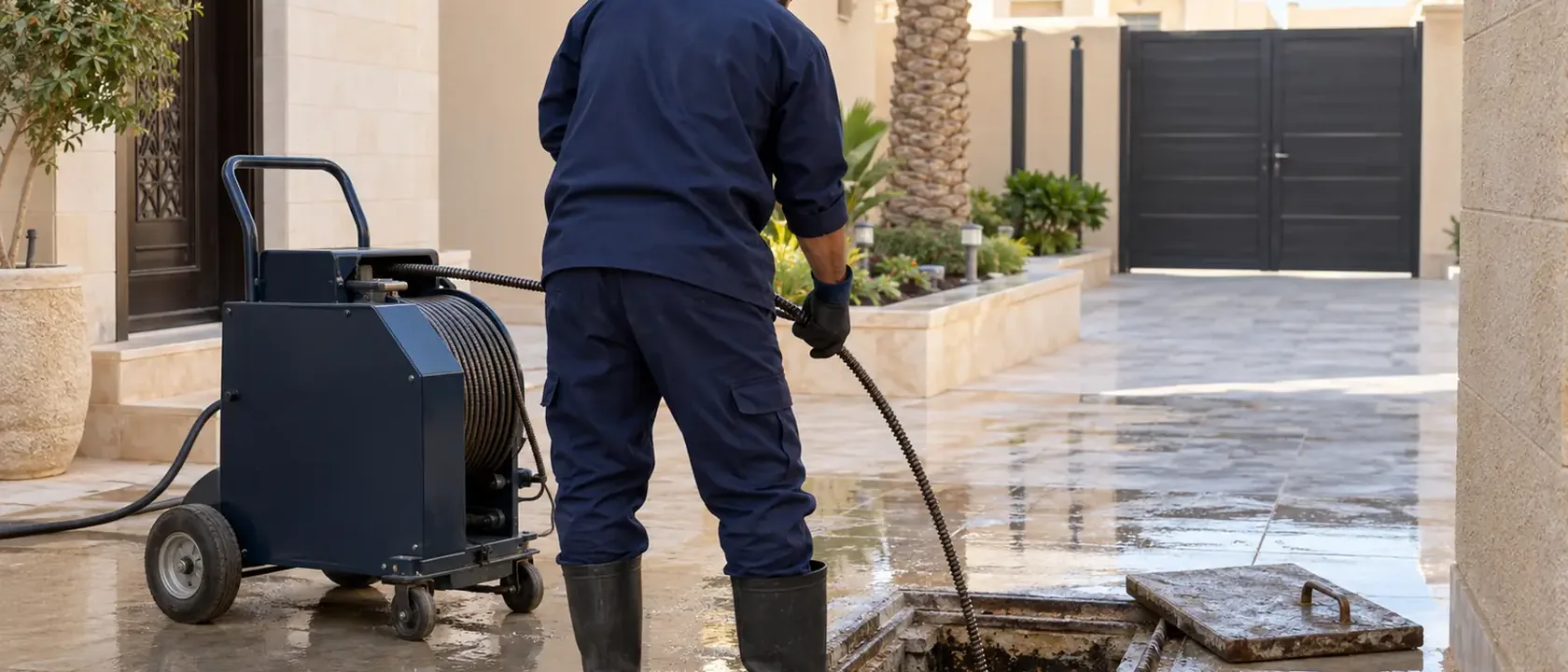 عامل تسليك مجاري بالرياض يدخل السوستة في غرفة تفتيش