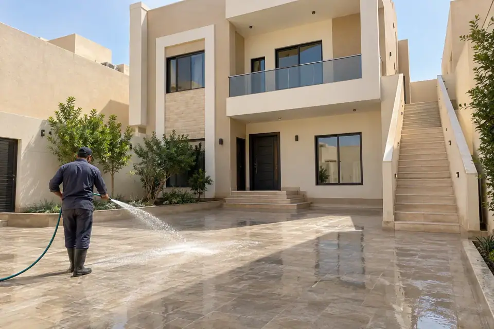 شركات تنظيف فلل تغسل حوش فيلا من دورين بخرطوم ماء والدرج الخارجي نظيف