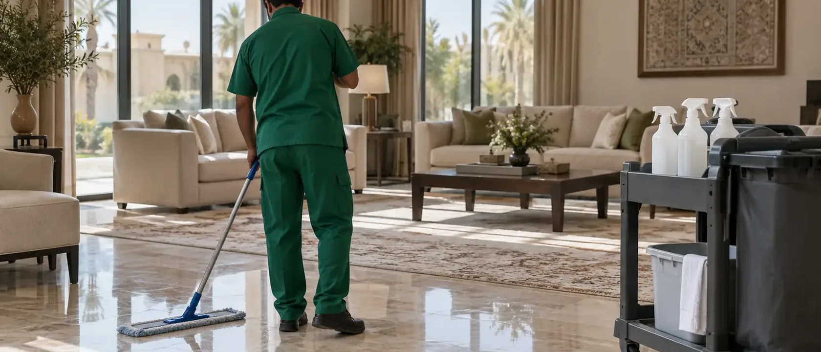 عامل تنظيف منازل بالرياض يمسح أرضية صالة فيلا واسعة