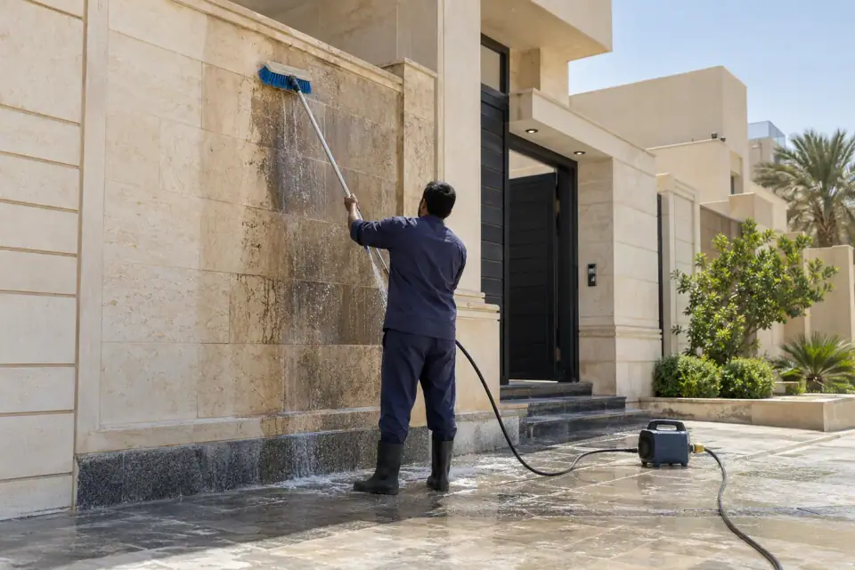 تنظيف واجهات فيلا من الحجر الطبيعي بمضخة ضغط منخفض وفرشاة طويلة