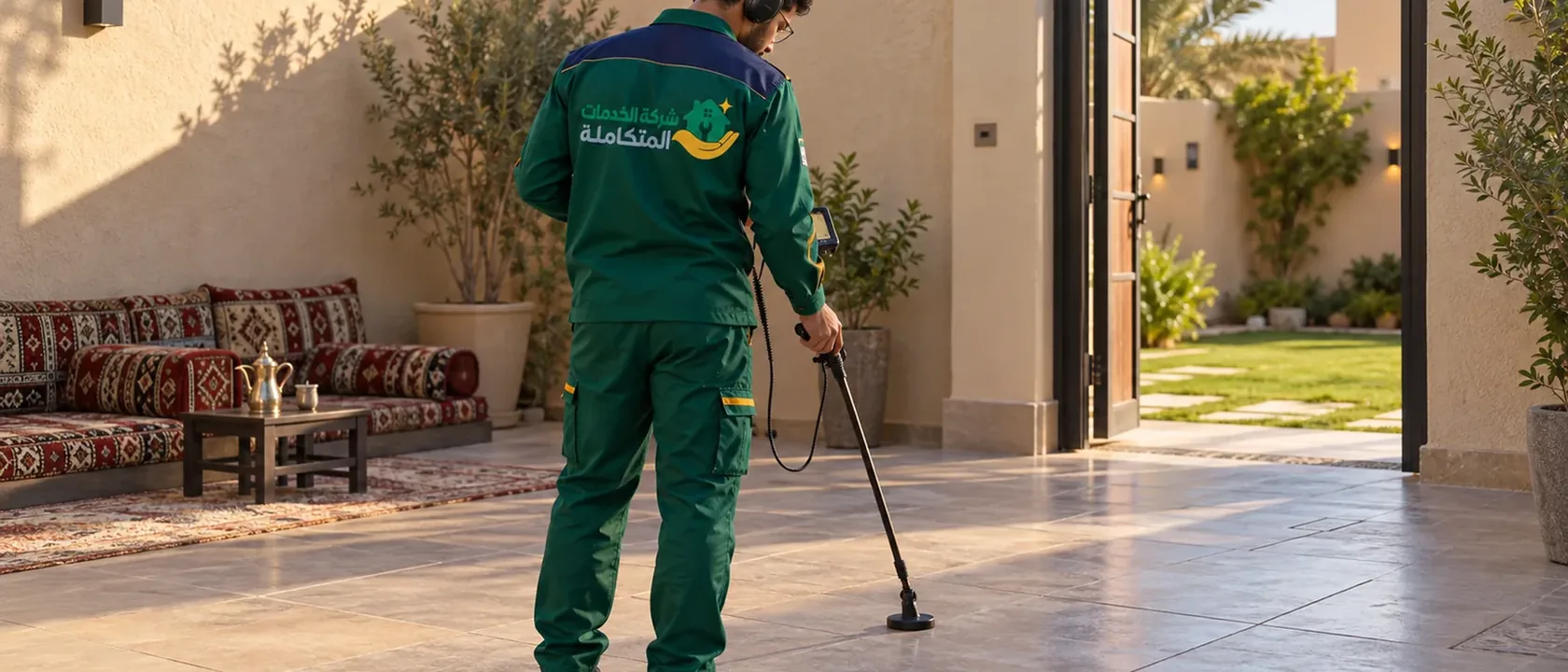 فني يفحص أرضية حوش فيلا بجهاز كشف تسربات المياه الصوتي