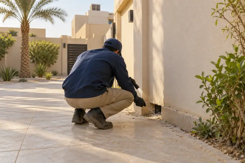فني مكافحة الزواحف يفحص فتحات سور حوش بيت بحثًا عن ثعبان أو عقرب