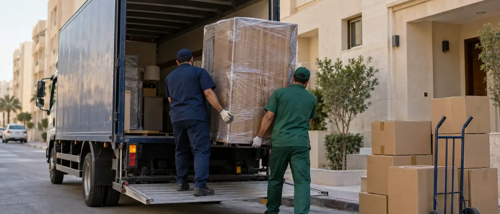 عمال نقل عفش بالرياض يحملون الكراتين والأثاث المغلف إلى شاحنة أمام عمارة