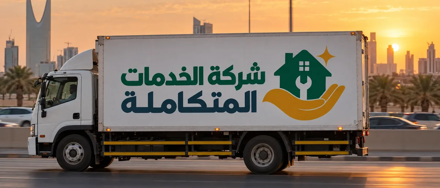 شاحنة نقل عفش بيضاء تحمل اسم الشركة على طريق دائري وقت الغروب