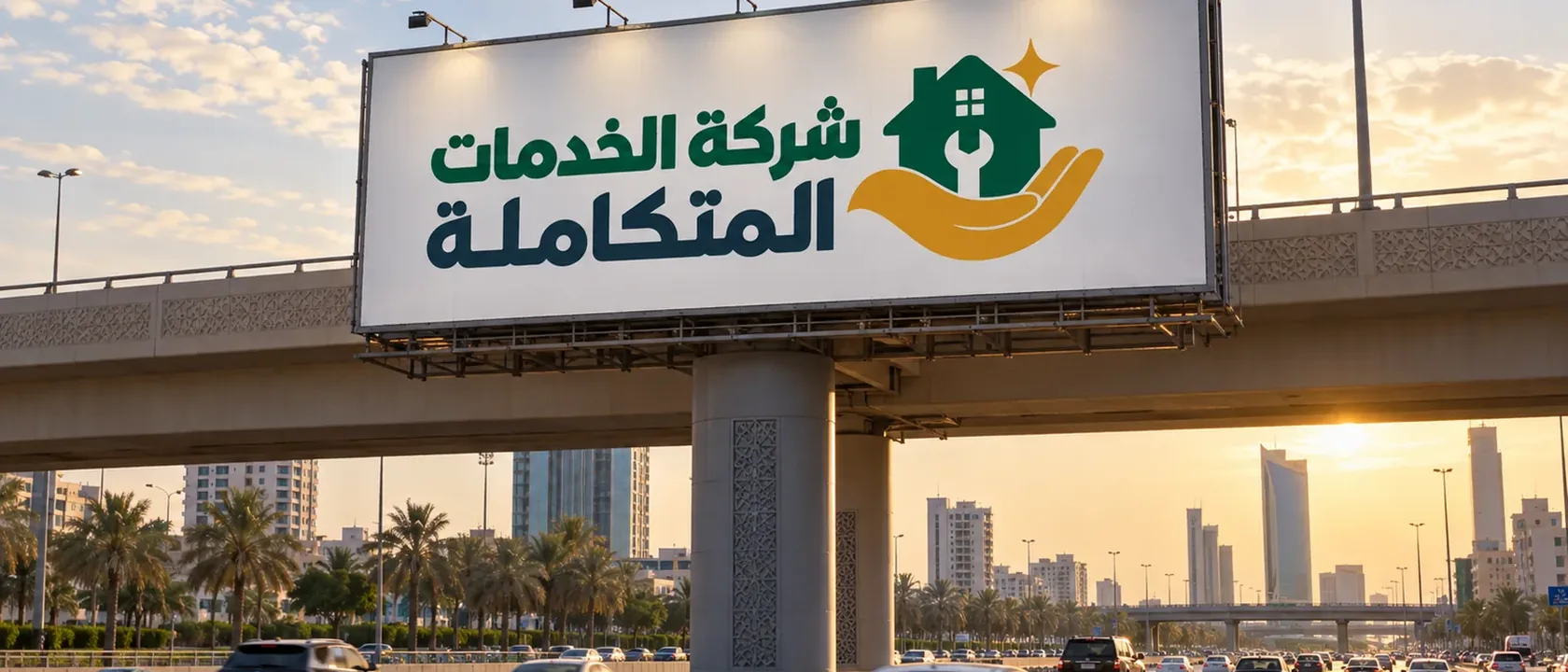 لوحة إعلانية باسم شركة الخدمات المتكاملة وشعارها عند تقاطع طريق سريع لخدمة نقل عفش