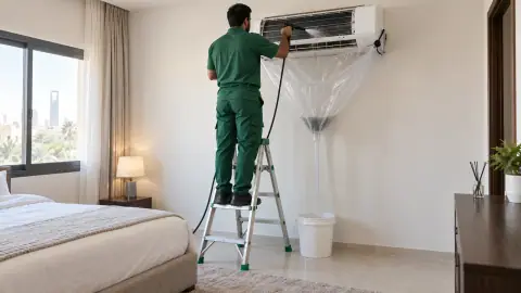 تنظيف مكيفات سبليت بغطاء غسيل في غرفة