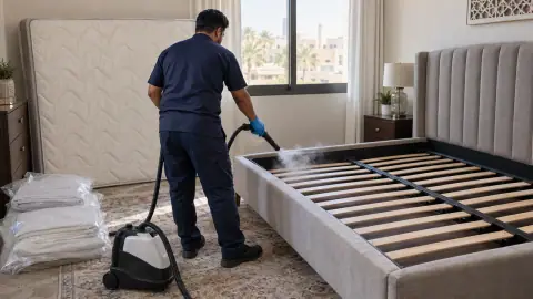فني مكافحة بق الفراش يعالج سرير بالبخار