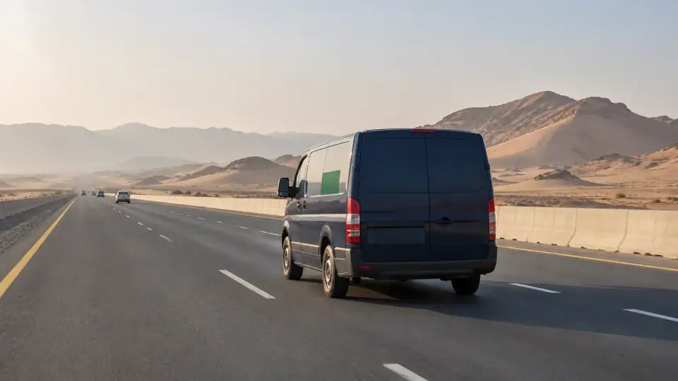 سيارة خدمات منزلية على طريق سريع بين مدن السعودية وقت الصباح
