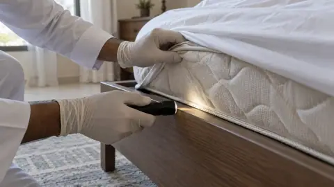 فحص حواف مرتبة سرير بكشاف بحثًا عن بق الفراش