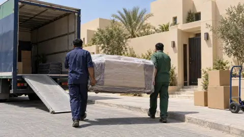 عمال خدمات منزلية ينزلون كنبة مغلفة من شاحنة نقل أمام فيلا
