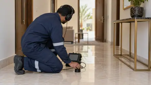 فني كشف تسربات المياه يستخدم جهاز استماع على أرضية
