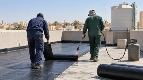 عمال عزل اسطح يفردون لفائف العزل المائي