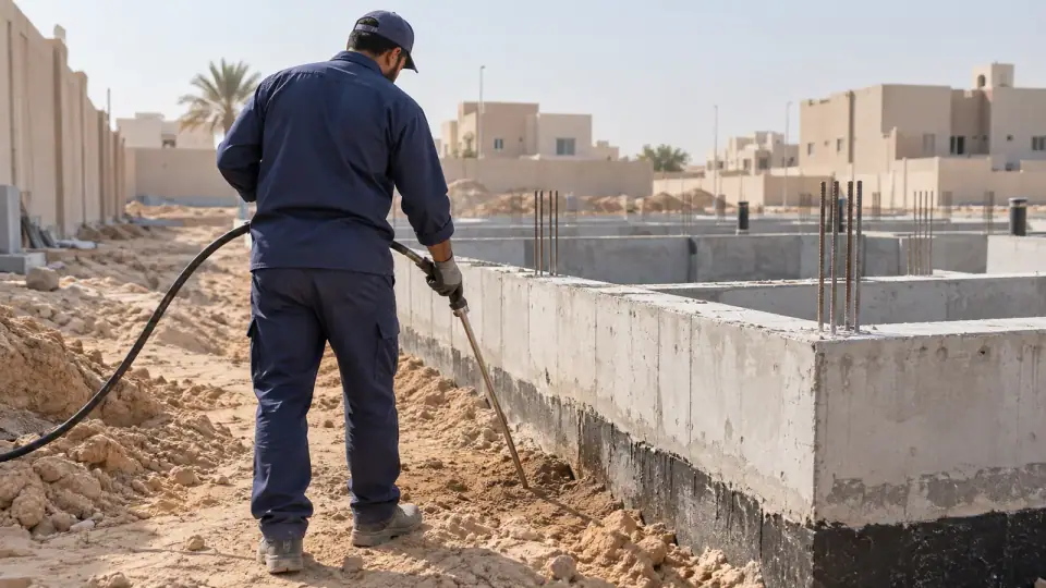 فني مكافحة النمل الابيض يحقن التربة حول المبنى
