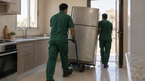 عمال شراء اجهزة كهربائية مستعملة ينقلون ثلاجة