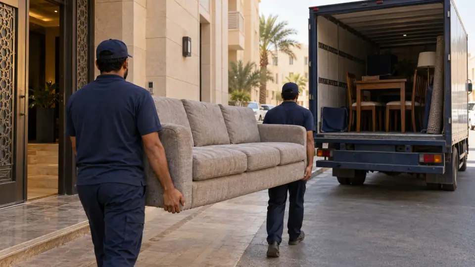 عمال شراء اثاث مستعمل يحملون كنب من شقة