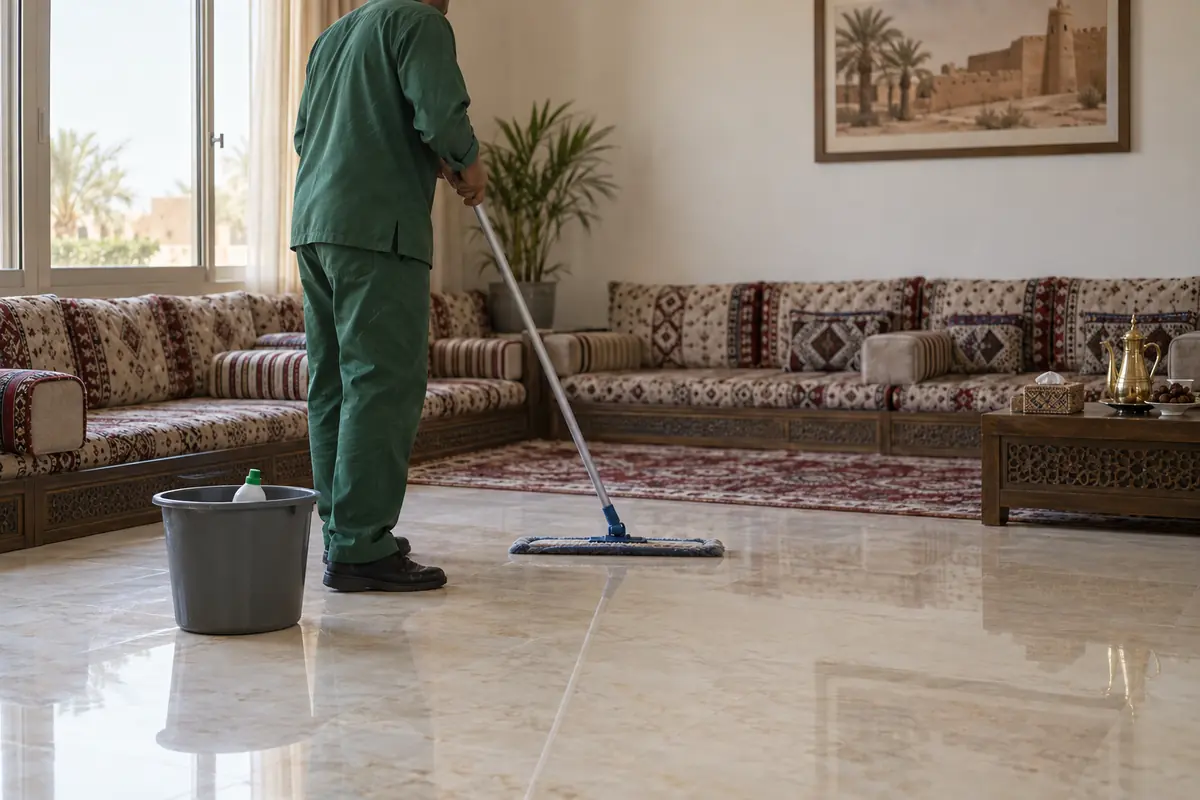 عامل ينظف أرضية صالة بيت بالممسحة